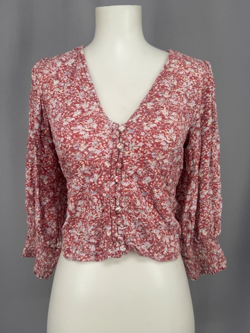 Abercrombie & Fitch Crop Top Womens Medium Red Floral Milkmaid Boho Cottagecore